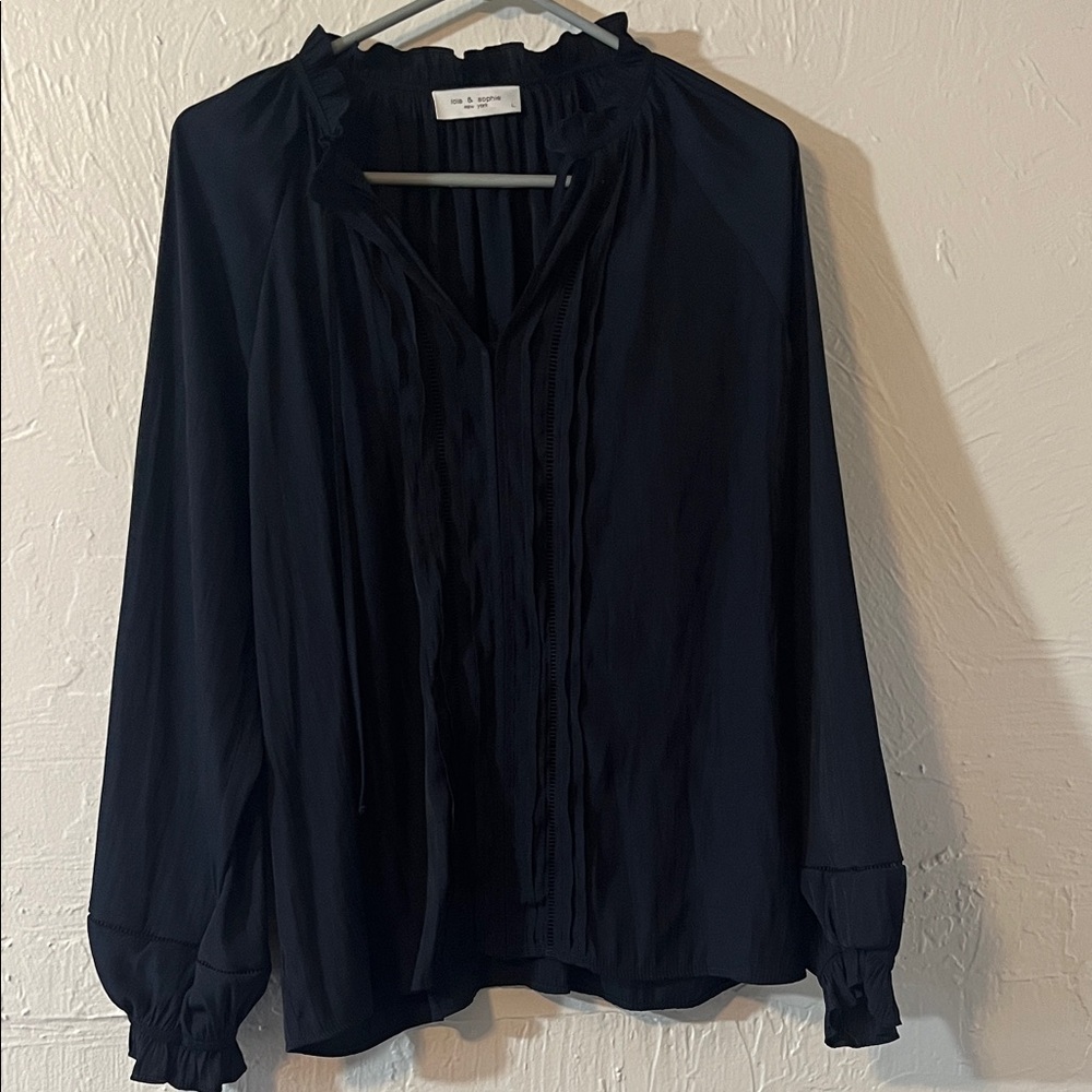Lola & Sophie Navy Ruffle-Neck Pintuck Blouse